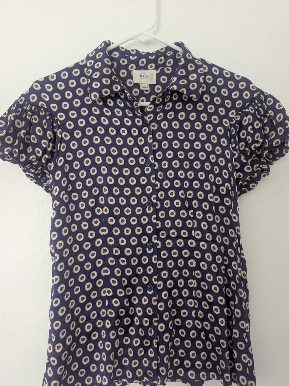 eci New York 97% Silk Blouse Size 6 Purple Abstract Dot Print Spandex Blend